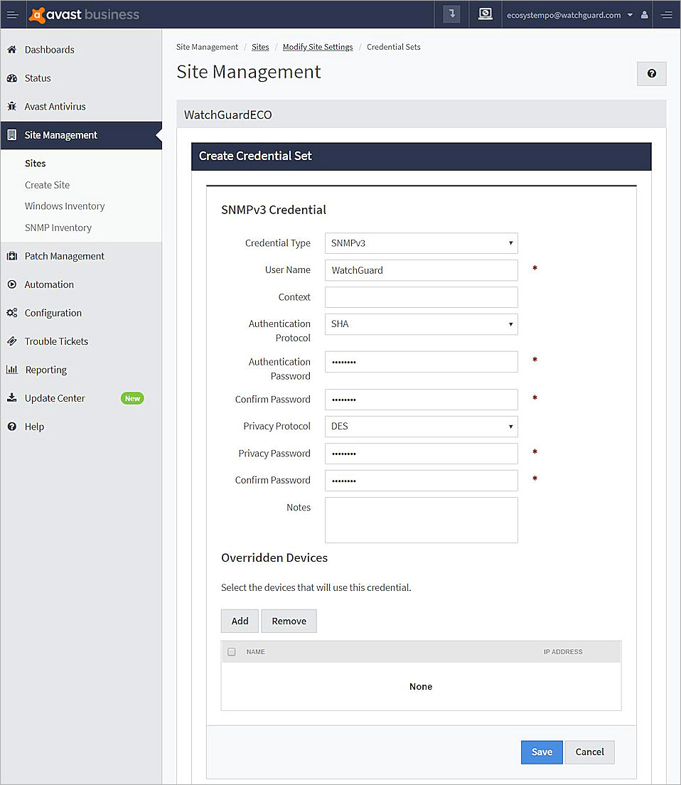 Screenshot of AVG Business Site Management, Create Credential Set dialog box